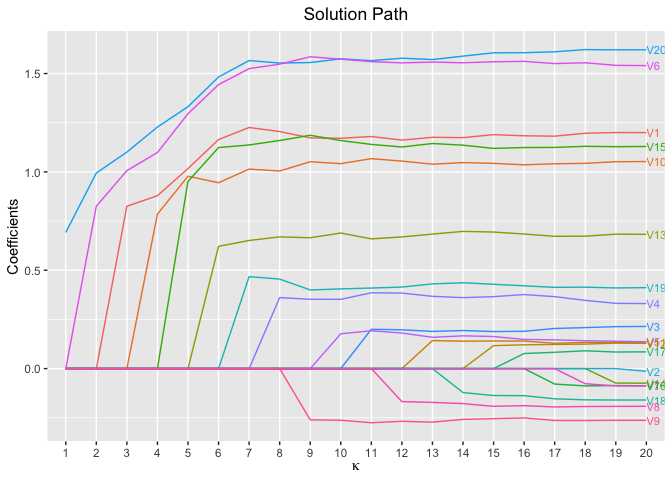 solution path plot for single model fit using L0 penalty for binary data