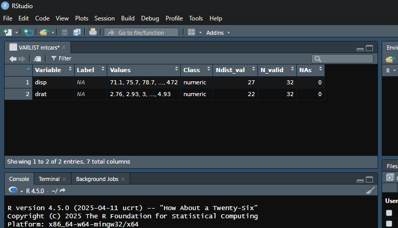 Summary of the variables that start with d in the Viewer